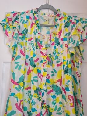 Entro White Multicolor Ruffle Sleeve Blouse